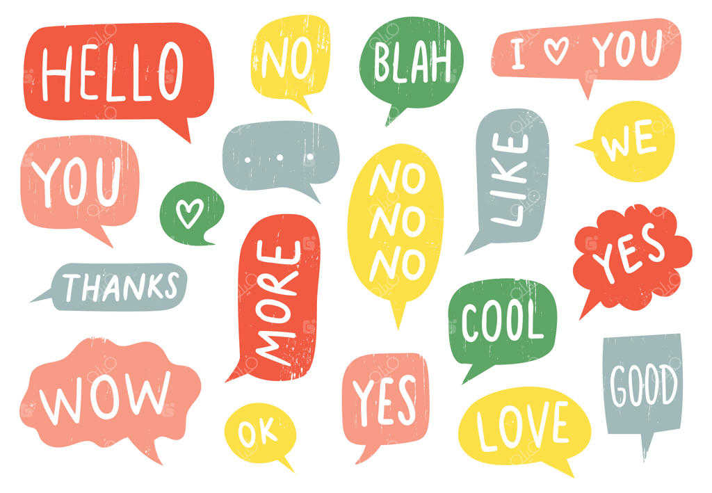 تابلوهای حباب‌دار بافت‌دار. تابلوهای تشکر، بله و نه با طراحی دستی. قاب‌های کشیده شده با دست که شامل متن‌های خوب، باشه و دوستت دارم هستند. ابرهای متنی رنگارنگ با کلمات مختلف. عناصر طراحی پیام‌رسانی