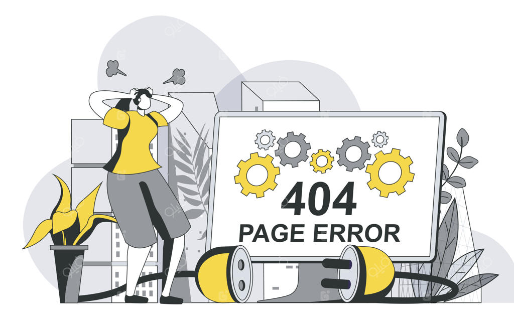 طرح مفهومی صفحه خطای ۴۰۴ با کاراکترهای خطی و وب‌سایت خراب روی صفحه کامپیوتر