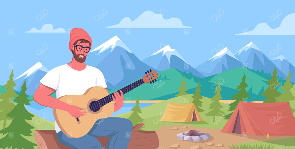 جوانی گیتار می‌زند و در کمپ کوهستانی استراحت می‌کند