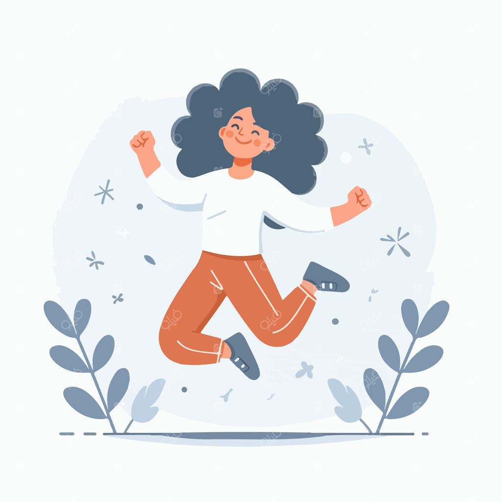 وکتور نوجوان موفرفری در حال پریدن از سر شادی با سبک طراحی تخت، ساده و مینیمال