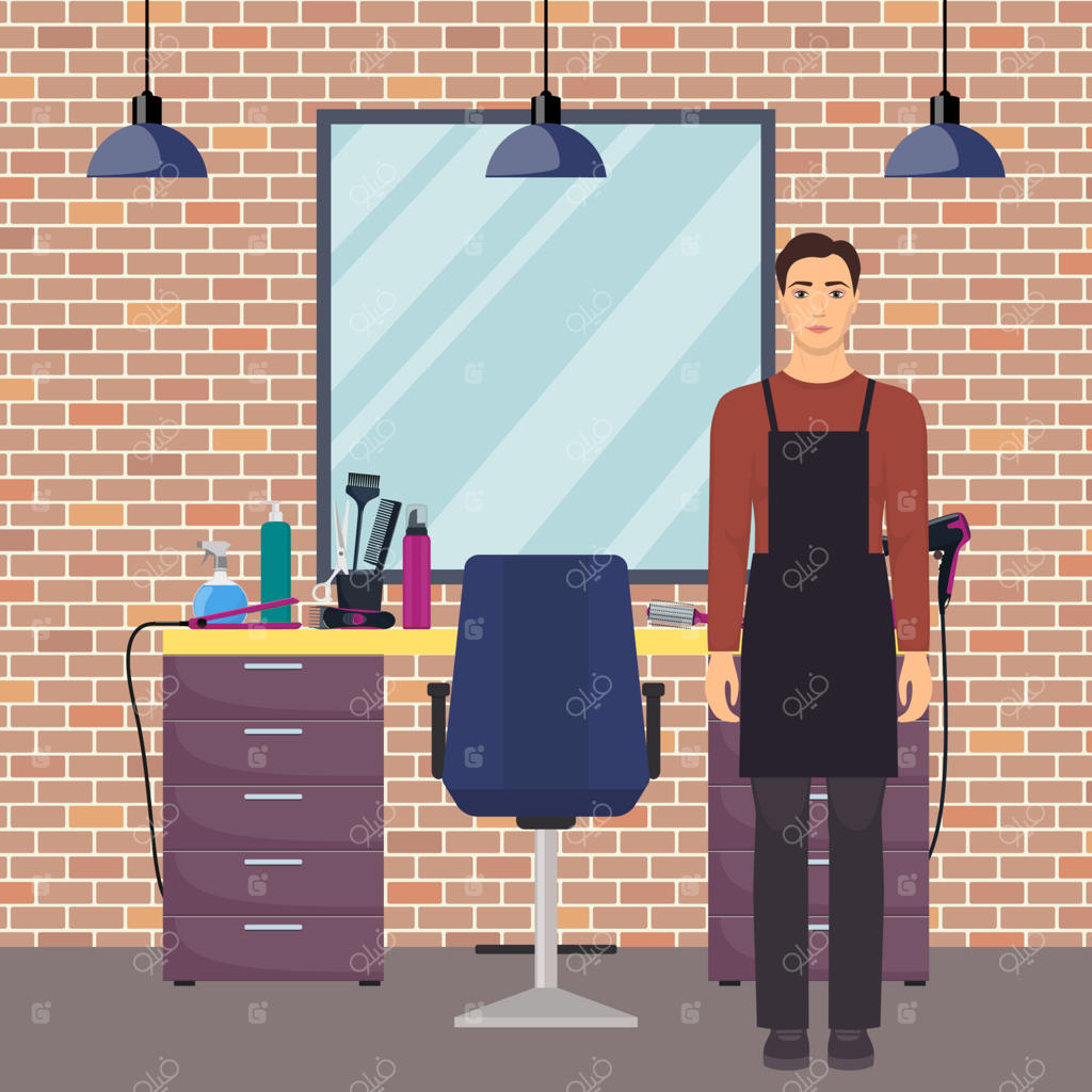 آرایشگر در سالن مدرن آرایشگاه به سبک لافت. آرایشگر منتظر مشتری. صندلی، آینه، میز، ابزار آرایشگری، محصولات مراقبت مو. دکوراسیون داخلی آرایشگاه. تصویرسازی وکتور ساده.