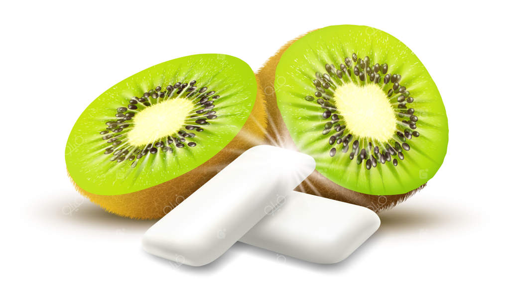 آدامس حبه‌ای با طعم واقعی کیوی - طراحی بسته‌بندی و برچسب‌زنی برای تبلیغ برند، حاوی قطعات میوه کیوی تازه و رسیده به صورت وکتور سه‌بعدی