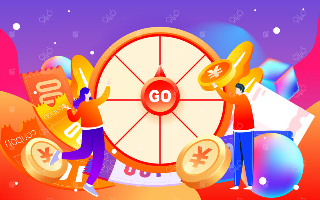 رویداد سالانه چرخش قرعه‌کشی با سکه‌های طلا و کوپن‌های متنوع در پس‌زمینه، وکتور