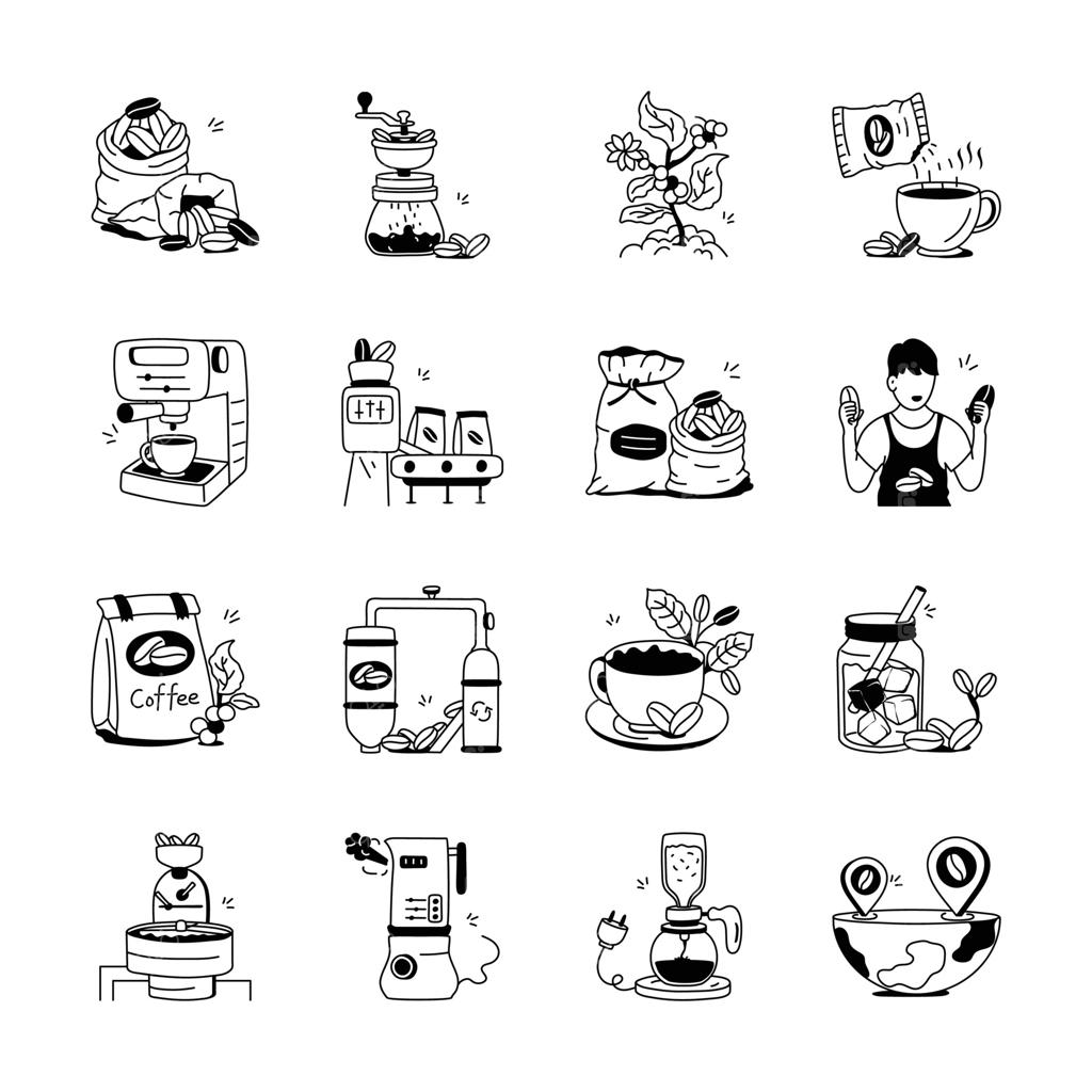 این مجموعه طرح‌های دستی مراحل مختلف فرآیند قهوه، از دانه تا فنجان را نشان می‌دهد