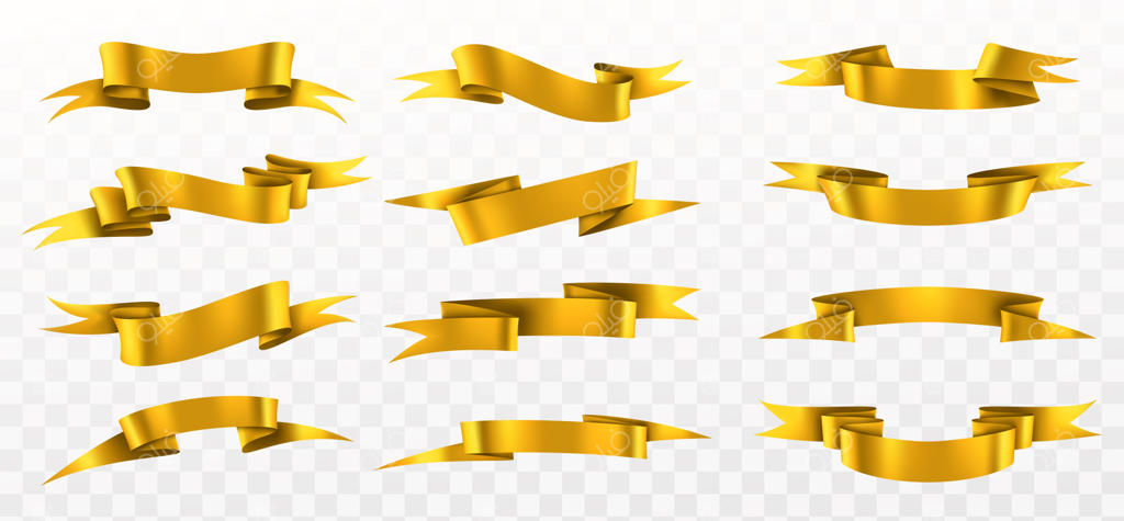 مجموعه روبان طلایی: کلکسیون روبان‌های منحنی طلایی واقعی، عناصر تزئینی کاغذی زرد براق، نوارهای موج‌دار شیک و خالی برای تزیین، قالب‌های وکتور جدا شده بر روی پس‌زمینه شفاف