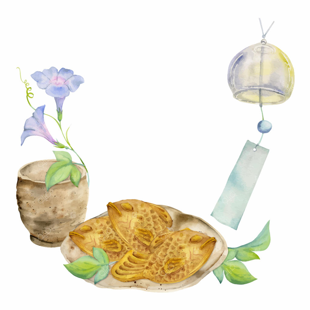 نقاشی آبرنگی شیرینی‌های سنتی ژاپنی روی ظرف سرامیکی، تایاکی، گل‌های تابستانی و ناقوس بادی - مناسب برای دعوت‌نامه‌ها، منو رستوران، کارت‌های تبریک و چاپ پارچه