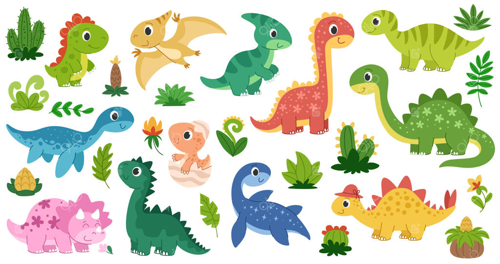 مجموعه دایناسورهای بامزه و کودکانه؛ شامل دایناسورهای دریایی، گوشت‌خوار، گیاه‌خوار، پرنده و گیاهان ماقبل تاریخ