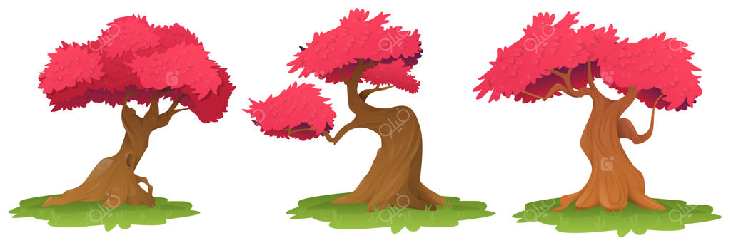 درختانی با شاخ و برگ صورتی جدا شده