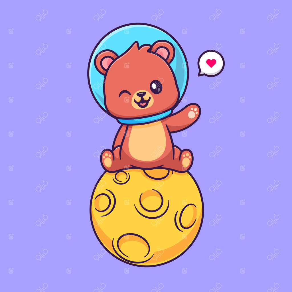 تصویر کارتونی آیکون وکتور خرس فضانورد بامزه نشسته بر روی ماه. آیکون علمی حیوانات مجزا
