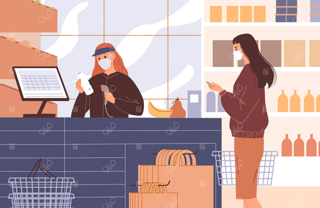 صندوقدار در حال اسکن محصولات مشتریان. افراد با ماسک صورت.