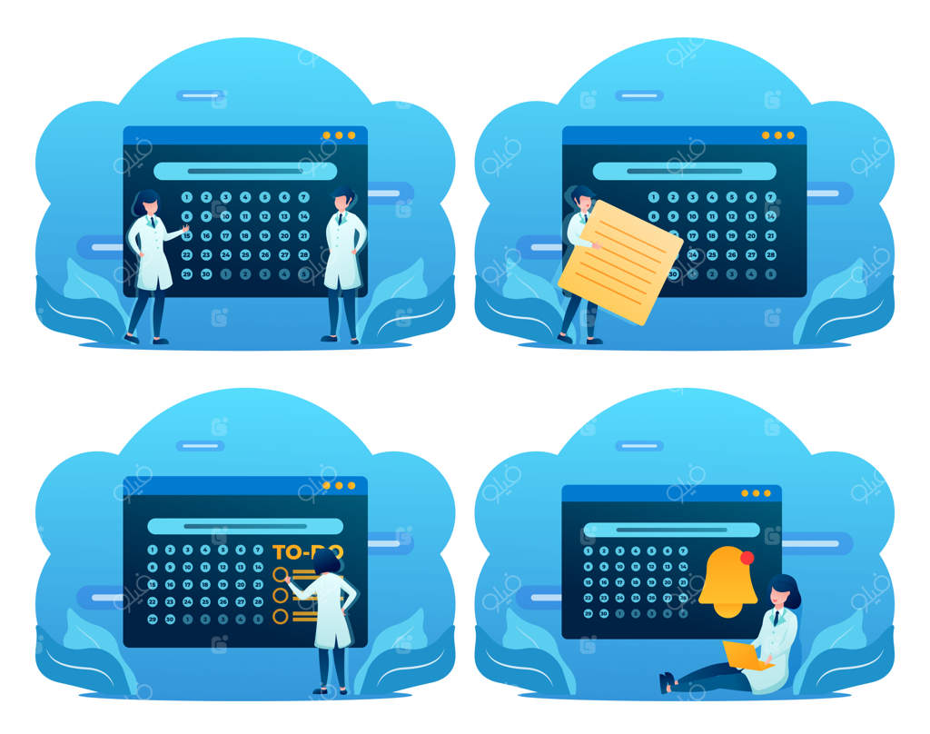 گروه کادر پزشکی با لباس سفید و برنامه‌ریزی در گوشی هوشمند