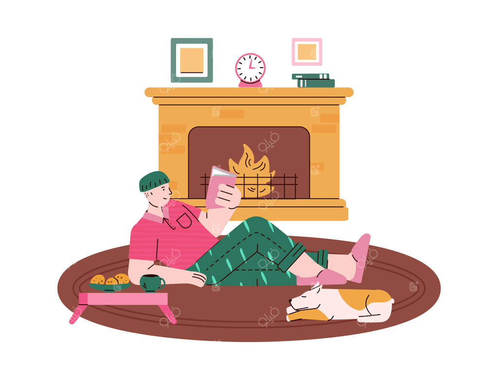 مردی در حال مطالعه در اتاق با شومینه، طراحی کارتونی