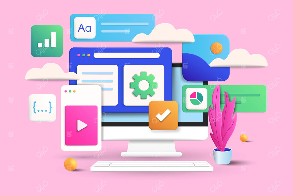 مفهوم توسعه نرم‌افزار و وب در پس‌زمینه صورتی