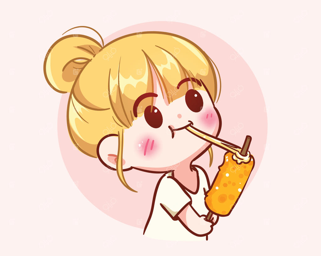 تصویرسازی کارتونی و دستی دختر بامزه در حال خوردن پنیر سوخاری، طرح بنر و لوگوی فست‌فود