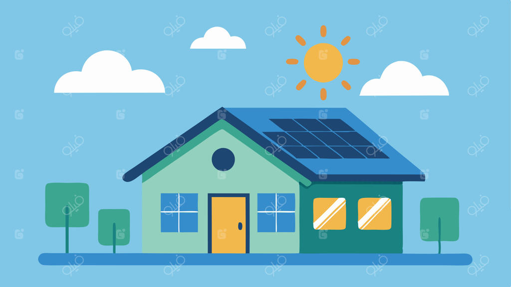 کنتور هوشمند و پنل‌های خورشیدی خانه‌ای با پنل‌های خورشیدی روی سقف که تولید انرژی خورشیدی و مصرف انرژی خانوار را نشان می‌دهد.