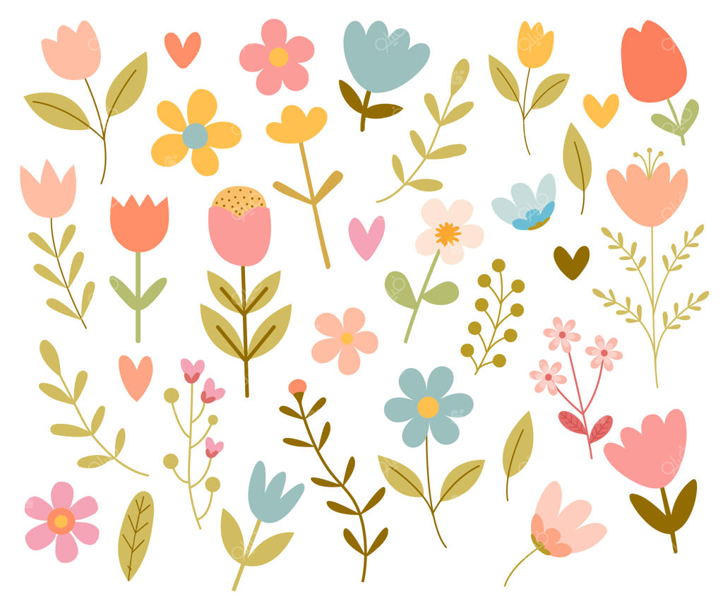 مجموعه وکتور گل‌های بهاری بامزه با سبک تخت کودکانه در پس‌زمینه سفید