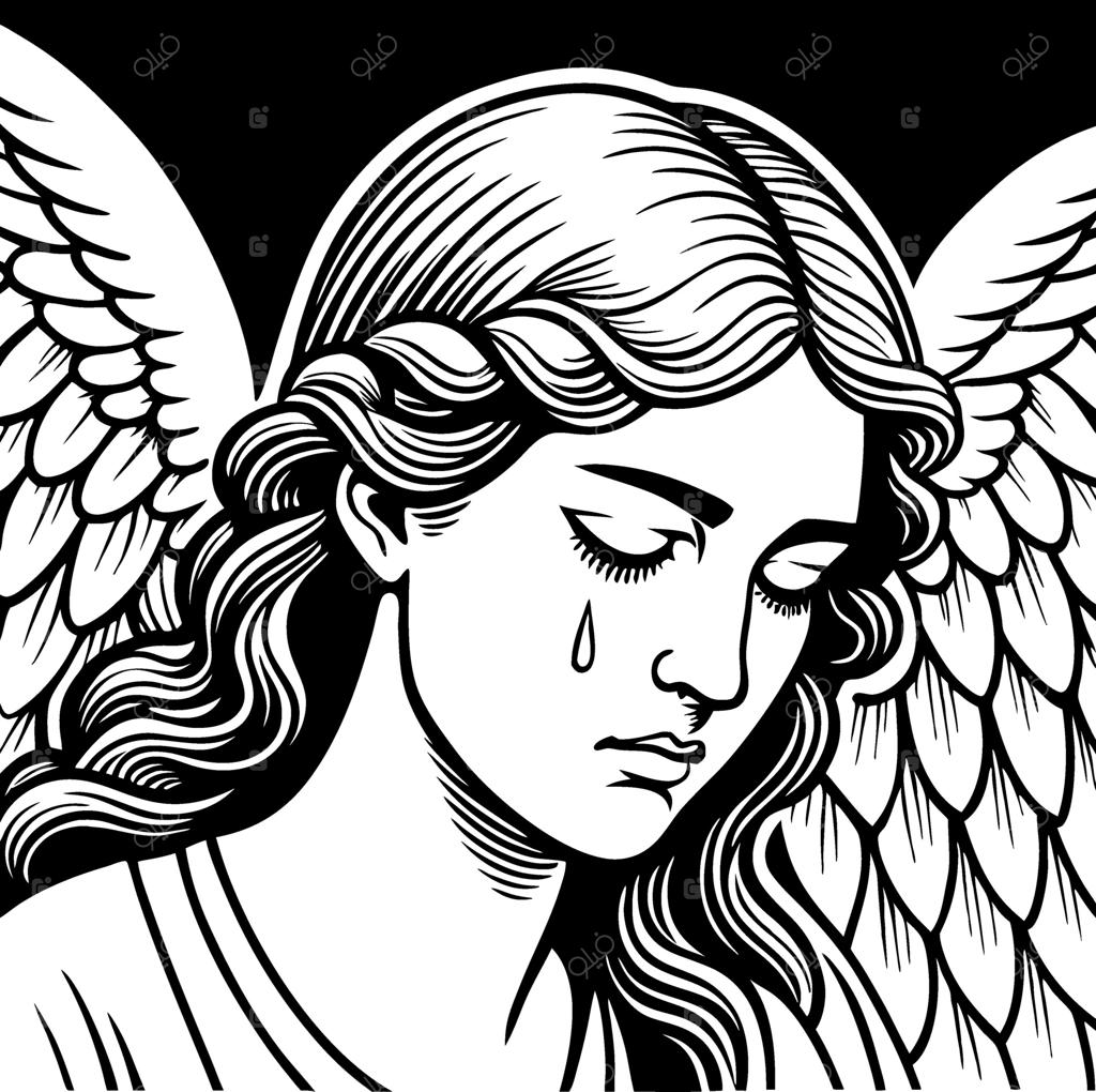 فرشته سوگوار با قطره اشک در طرح سیاه و سفید و تاکید بر سوگواری و تامل