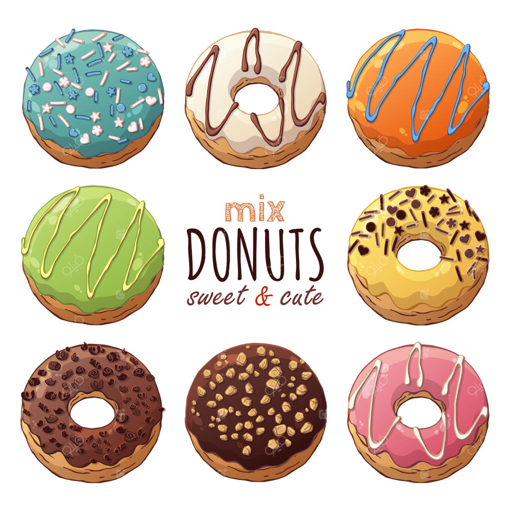 انواع دونات‌های برداری با تزئینات مختلف