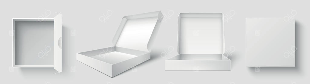 بسته‌بندی پیتزا: جعبه‌های پیتزا با درب باز، بسته‌های خالی و نمونه‌های بسته‌های تحویل - مجموعه تصویرسازی سه‌بعدی