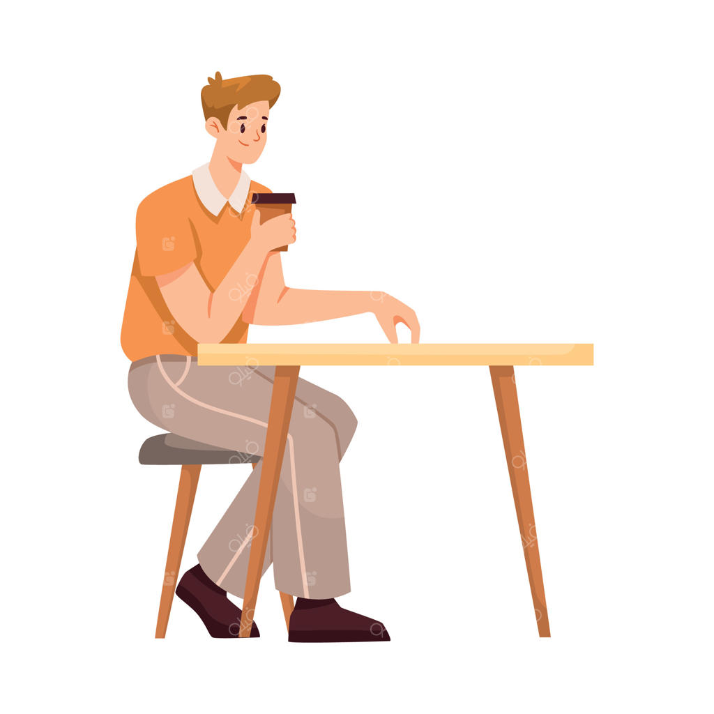 مرد کارمند در محل کار پشت میز نشسته و قهوه می‌نوشد (تصویرسازی)