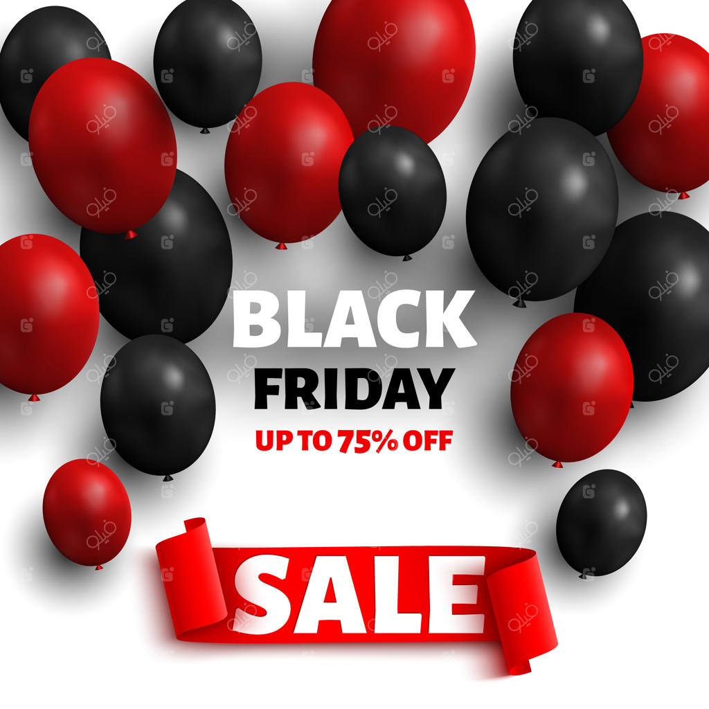 بنر تخفیف بلک فرایدی با بادکنک‌ها و روبان قرمز.
