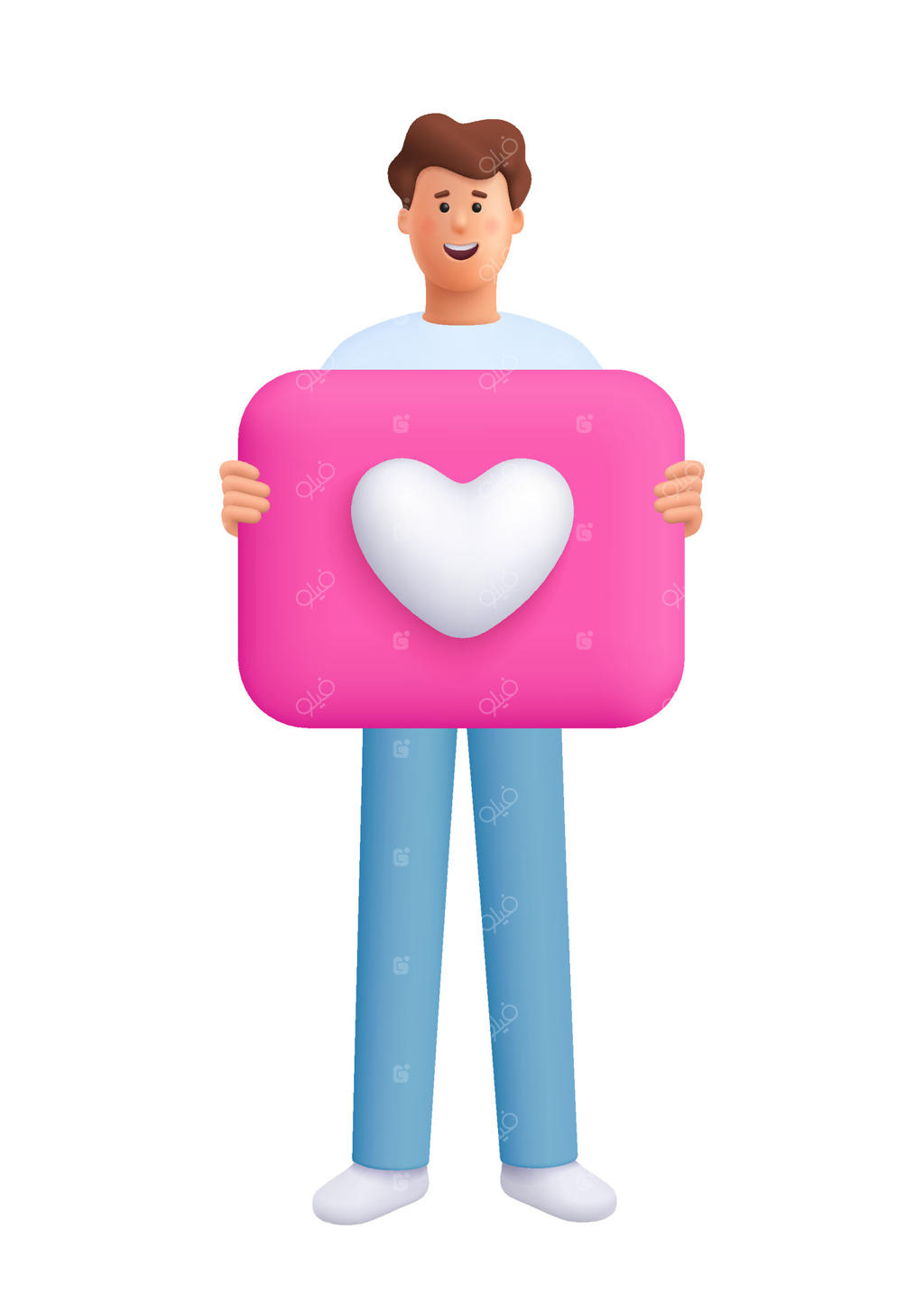 مرد جوان و خندان به نام جیمز با بنری از قلب. مفهومی برای شبکه‌های اجتماعی. شخصیت سه‌بعدی. سبک کارتونی و مینیمال.