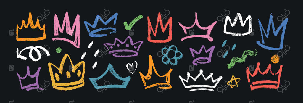 مجموعه تاج‌های طرح دستی روی پس‌زمینه سیاه؛ دیهیم‌های رنگارنگ پادشاه و شاهزاده در اشکال متنوع، نیم‌تاج پرنسس و زیورآلات سر قرون وسطایی ملکه با بافت براش گرانج به سبک گرافیتی.