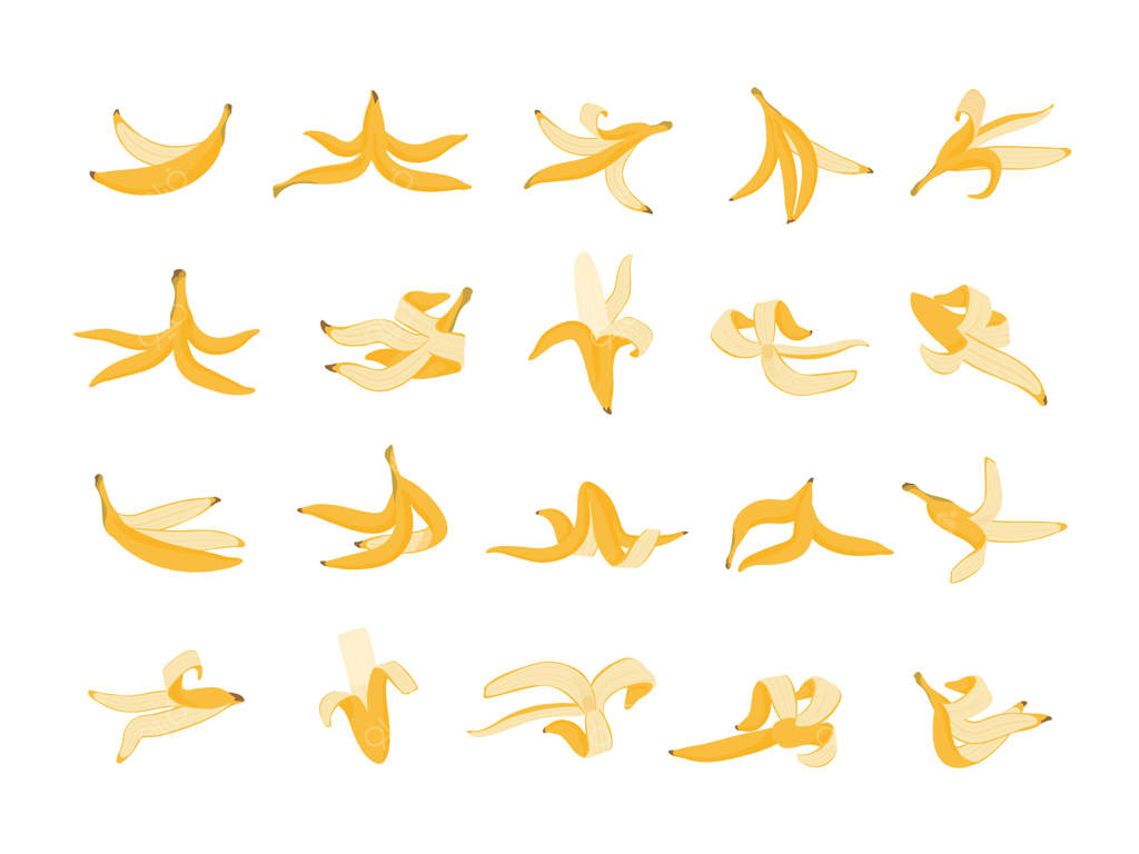 پوست موز: قالبی برای ضایعات ارگانیک - طرحی رنگارنگ و زرد از پوست موز - مفهوم شکست در رژیم غذایی و تغذیه سالم. مجموعه‌ای از میوه‌های گرافیکی جدا شده به شکل زباله.