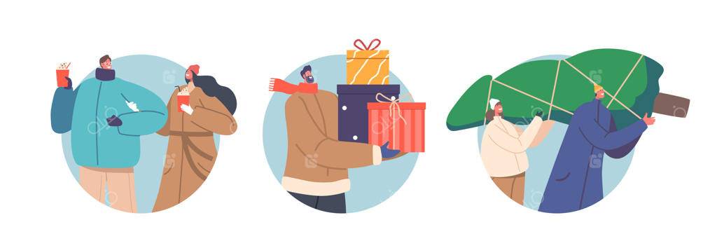 آمادگی شخصیت‌های مرد و زن برای تعطیلات زمستان: خرید هدایا و درخت کریسمس و نوشیدن قهوه