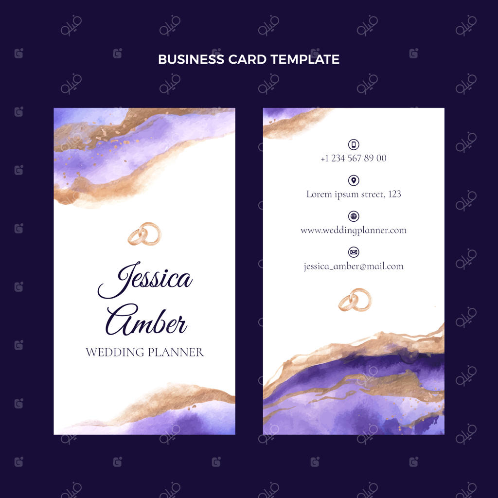 قالب کارت ویزیت دو طرفه برای برنامه‌ریز عروسی با طرح آبرنگی