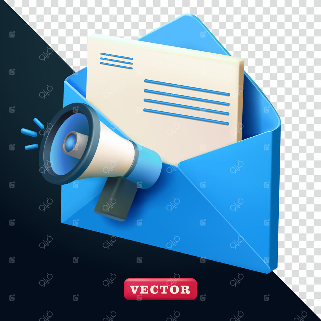 نامه پاکتی با بلندگو، سه‌بعدی. مناسب برای عناصر تجاری و طراحی