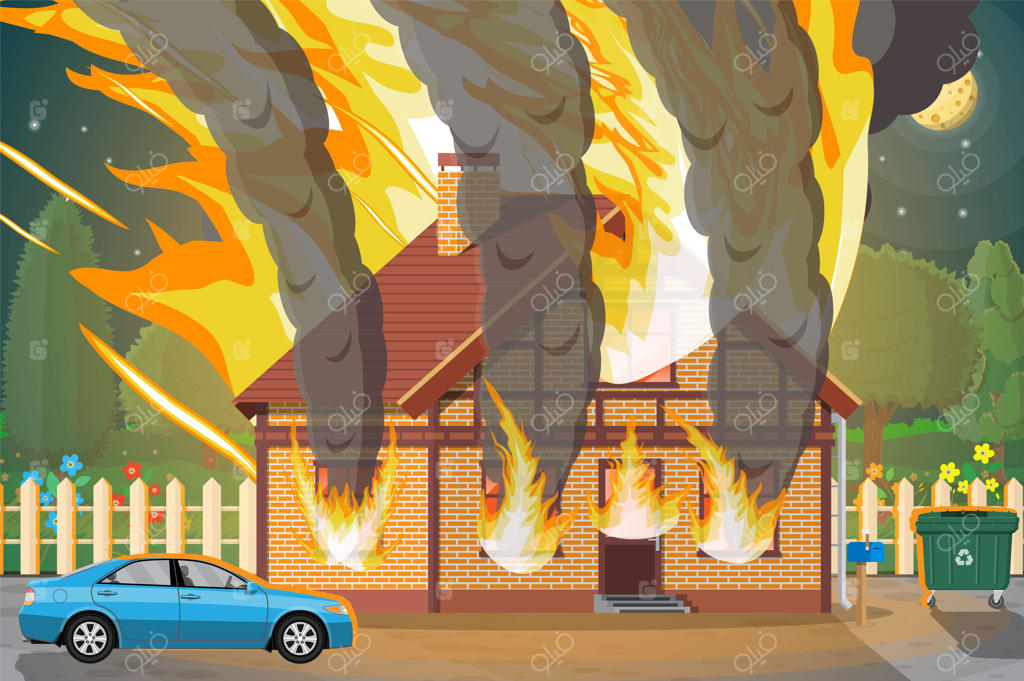 تصویر خانه چوبی در حال سوختن