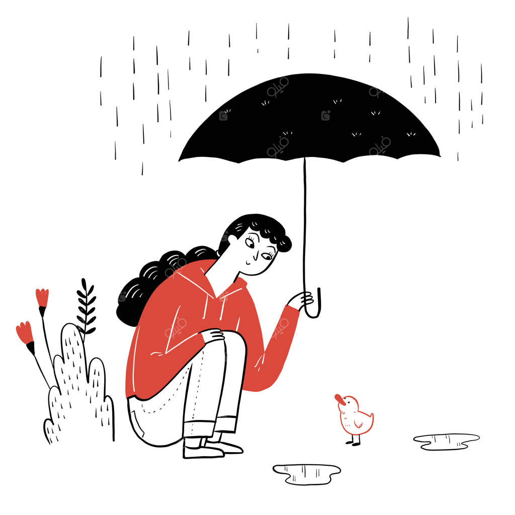 دختر زیبا و جوجه اردک کوچولو زیر چتر راه‌راه در روز پاییزی بارانی پناه گرفته‌اند (طرح سیاه و سفید)