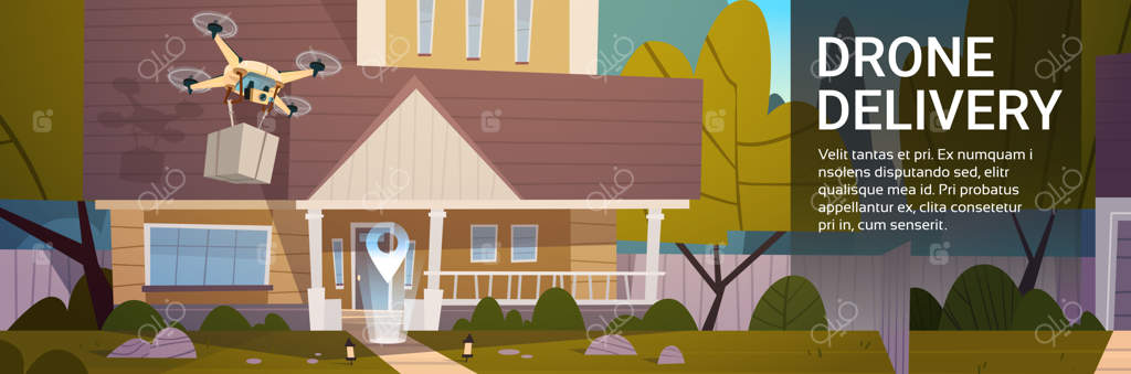 پهپاد مدرن تحویلی با جعبه‌ها بر فراز خانه‌ها، مفهوم فناوری حمل و نقل هوایی