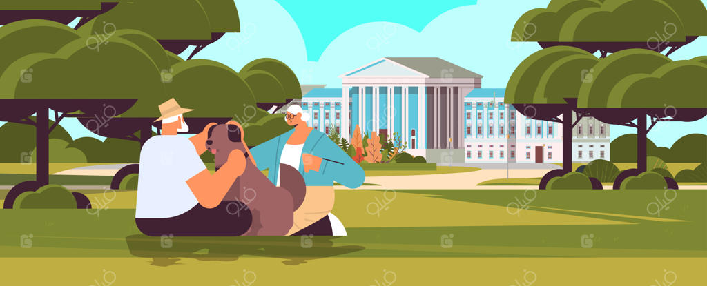 زوج سالخورده همراه با سگ کوچک: مفهوم آرامش و بازنشستگی - تصویر افقی کامل