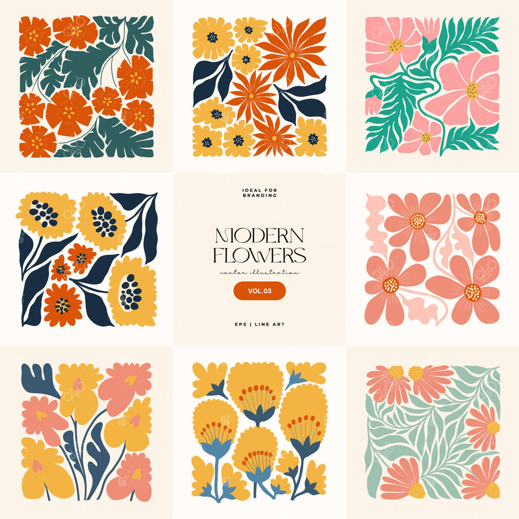 پوستر گل‌دار انتزاعی مدرن با ترکیب‌بندی گیاهی و سبک مینیمال ماتیس