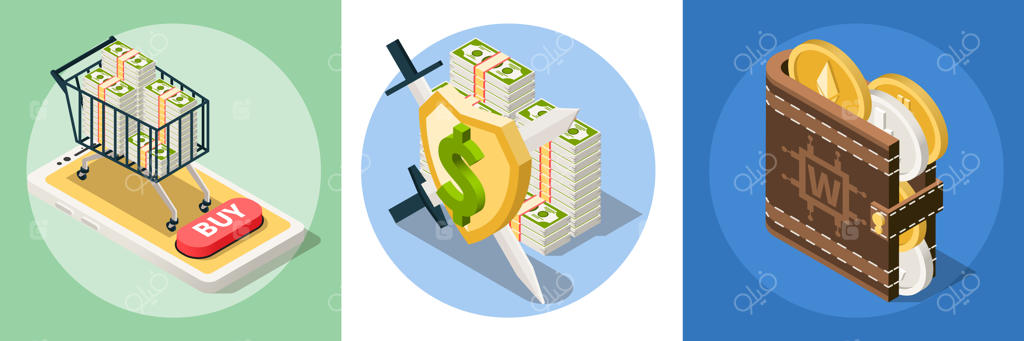 فین‌تک: سه طرح دایره‌ای جداگانه با تصاویر کیف‌پول، چرخ‌دستی و سپر - تصویرسازی وکتور