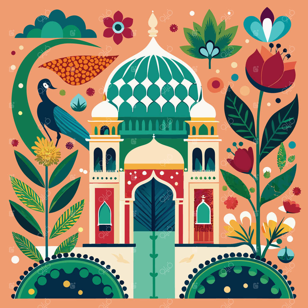 درخت باشکوه طاووس در باغ مغول و قوس تزئینی