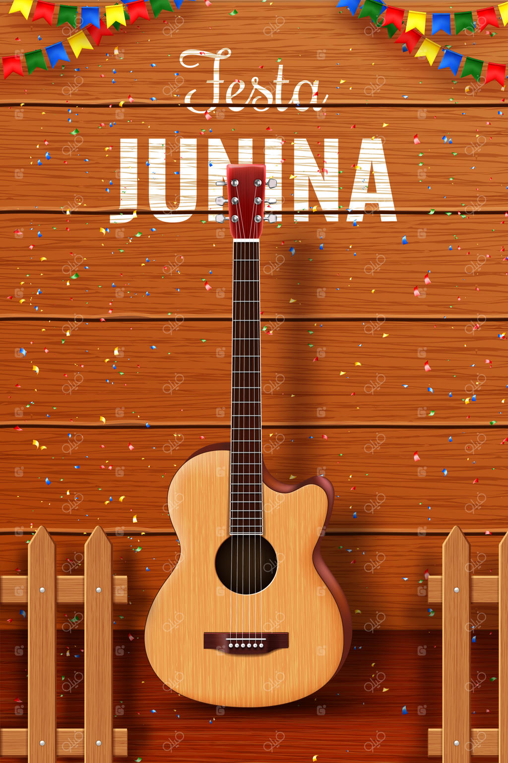 طراحی قالب پست جشن ژوئینا با پس‌زمینه چوبی و تصویر گیتار