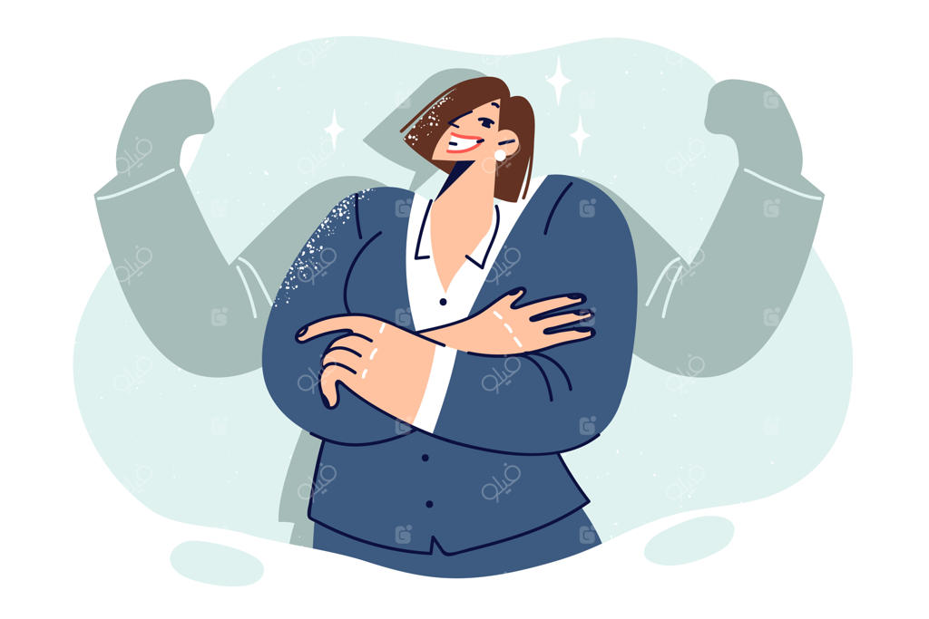 زن مدیر ایستاده دست به سینه با سایه بازوهای عضلانی