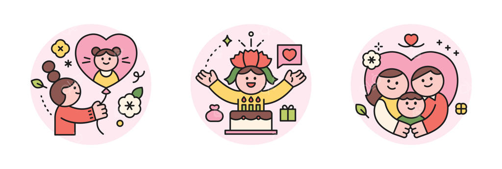 ماه خانواده. افرادی که قدردان والدین خود هستند و به فرزندان خود عشق می‌ورزند. بادکنک‌های قلبی شکل، کیک‌ها و گل‌های مناسبتی، خانواده‌ی سه نفره، مادر، پدر و نوزاد.