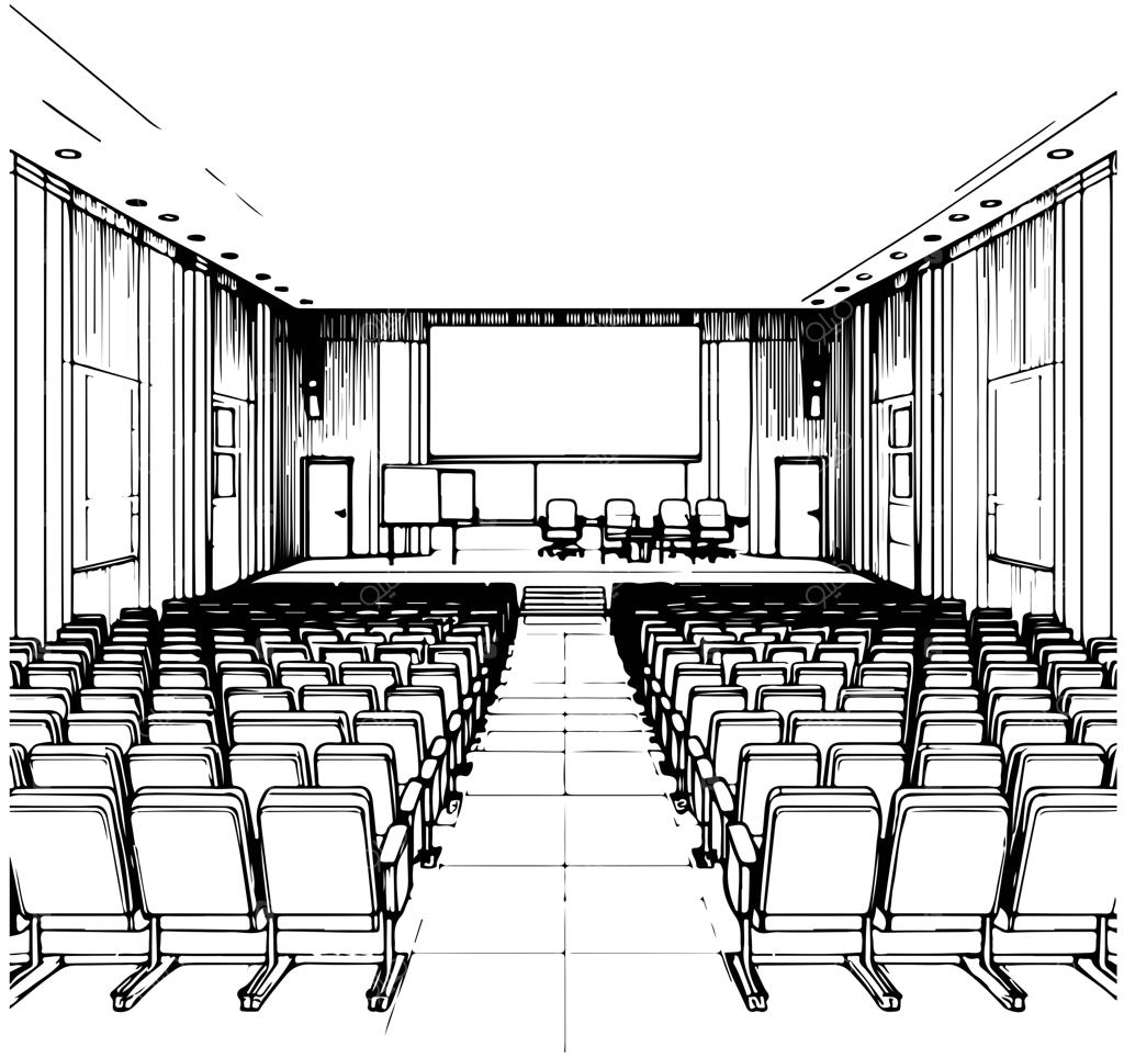 وکتور تصویرسازی طرح گرافیکی سیاه و سفید از نمای داخلی سالن کنفرانس