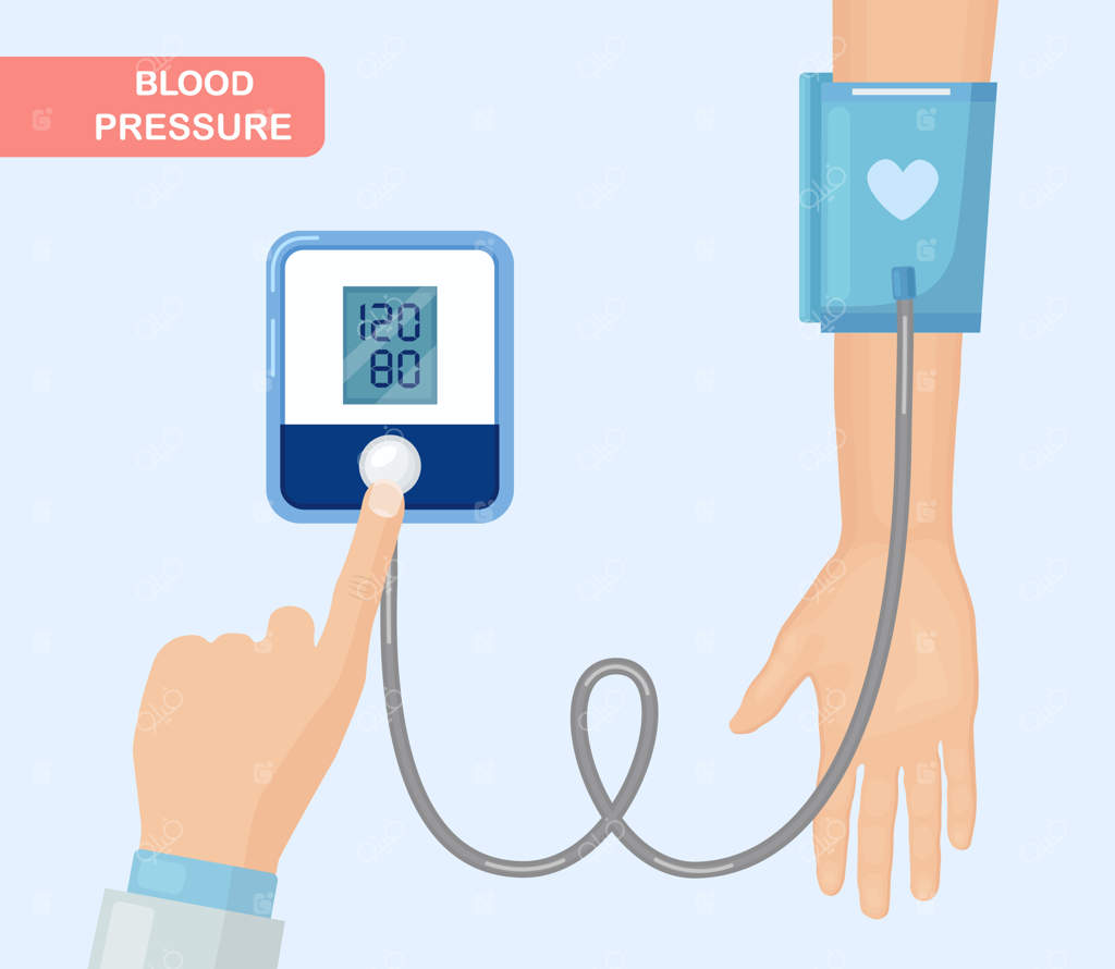 پزشک در حال اندازه‌گیری فشار خون بیمار.