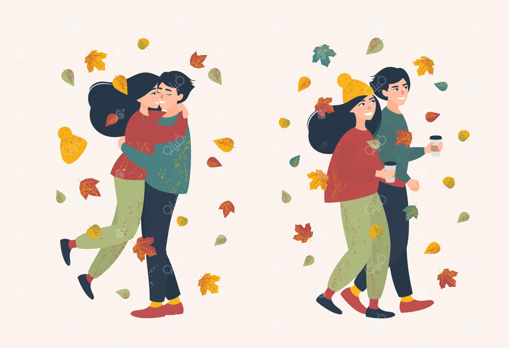 مجموعه‌ای از زوج عاشق در یک روز پاییزی پیاده‌روی می‌کنند