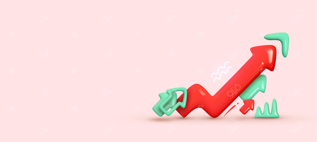 اخبار مالی: اخبار معاملات سهام و حرکات بازار. نمودارهای خلاقانه و اینفوگرافیک‌ها. طراحی سه‌بعدی واقعی. رشد اقتصاد جهان. فلش قرمز روند صعودی. تصویرسازی وکتور