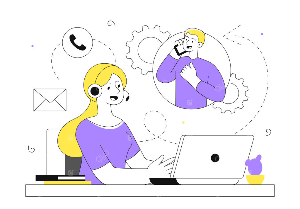 تصویرسازی وکتور خطی و فلت از مفهوم خدمات پشتیبانی؛ زن با هدفون در حال پاسخگویی به سوالات مشتریان، کارمند مرکز تماس، مشاور و دستیار خط ویژه و بخش سوالات متداول