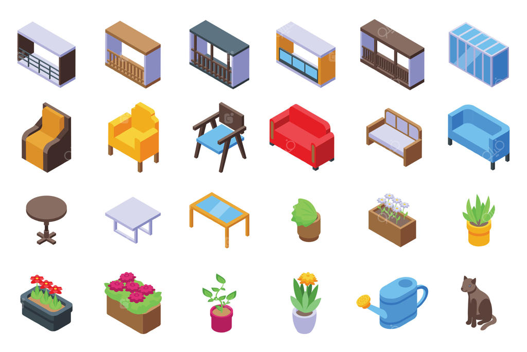 مجموعه آیکون‌های داخلی ایزومتریک ایوان. بالکن باغچه