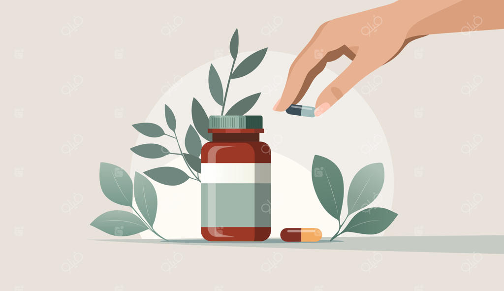 صحنه‌ای با دستی که به سمت ویتامین‌ها دراز شده است. قرص‌ها. تصویرسازی سلامت و بهزیستی