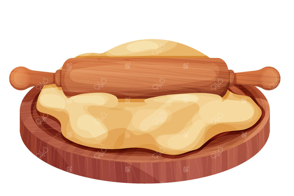 وردنه چوبی با خمیر و آرد، ابزار آشپزی روی تخته چوبی گرد به سبک کارتونی، متن بافت چوب، ابزار، دستور پخت نانوایان.