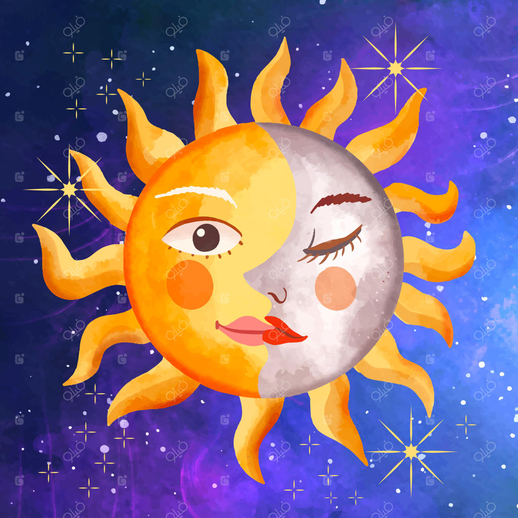 نقاشی آبرنگی از خورشید و ماه